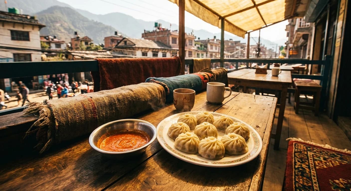 Traditional Nepali momo dumplings with spicy dipping sauce