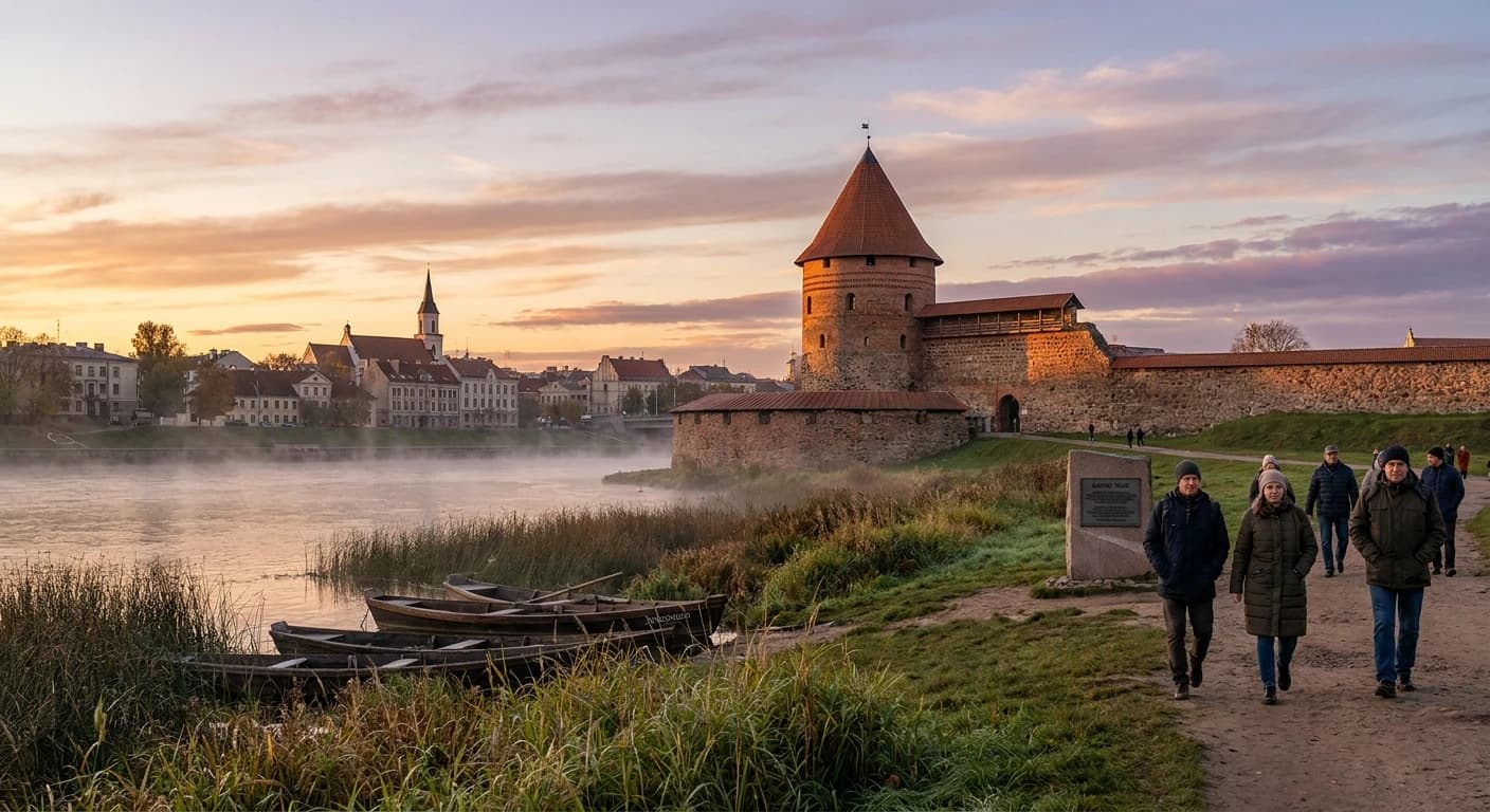 Kaunas Old Town and Nemunas river confluence at golden hour with historic architecture
