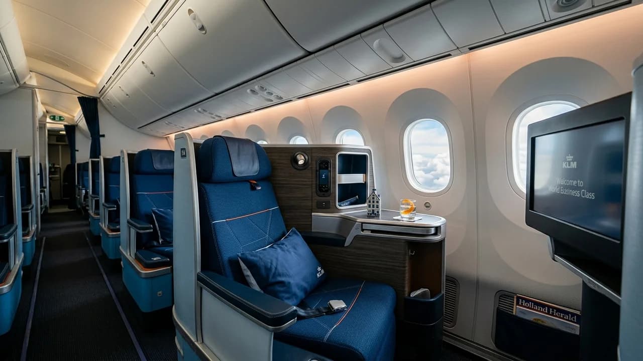 KLM business class cabin with lie-flat suite and premium amenities