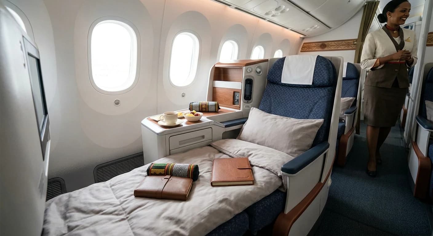 Ethiopian Airlines Cloud Nine business class cabin with lie-flat seat and premium amenities