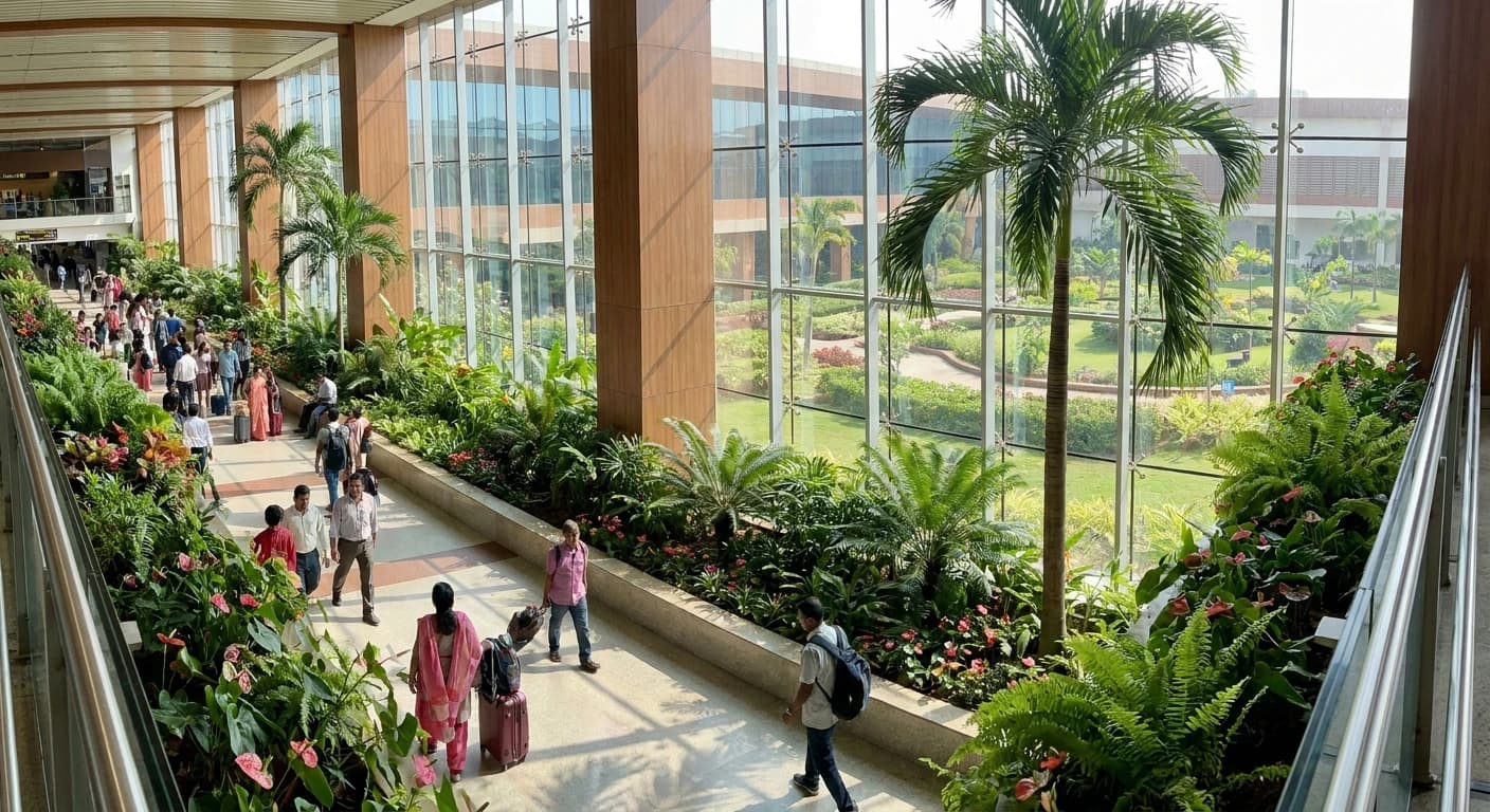 Modern terminal at Cochin International Airport with tropical landscaping