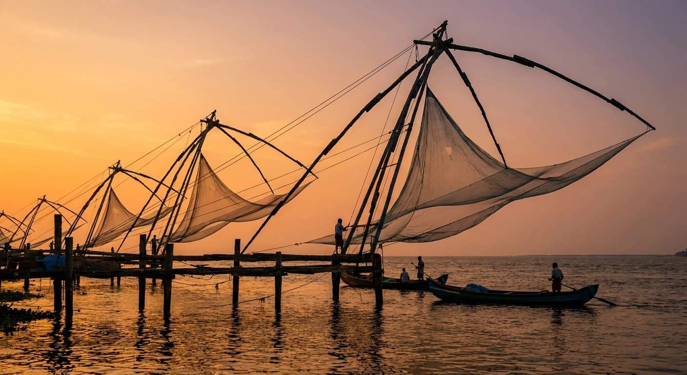 Traditional Chinese fishing nets along the Kochi waterfront at sunset