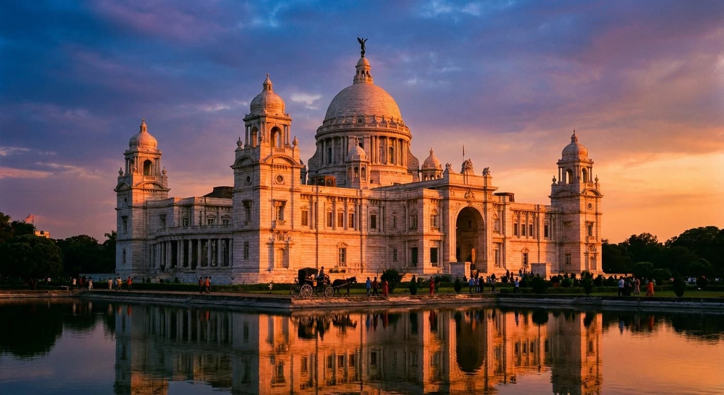 Iconic Victoria Memorial in Kolkata at golden hour