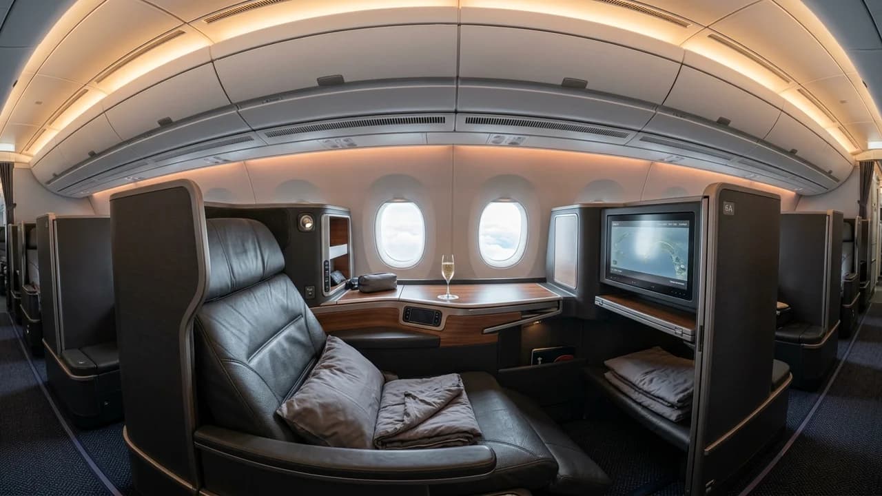Malaysia Airlines business class cabin with lie-flat suite and premium amenities
