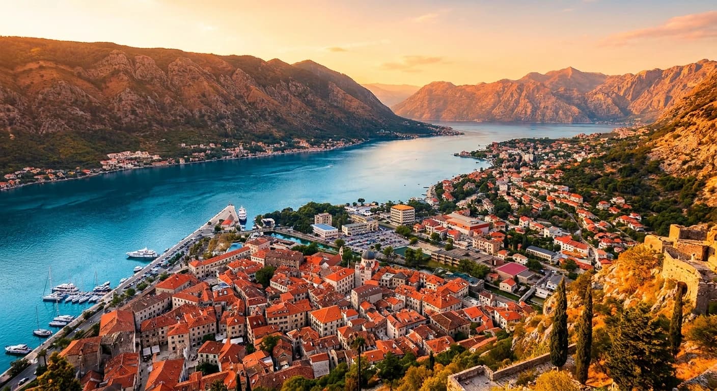 Aerial view of Kotor's medieval walled old town and the Bay of Kotor at golden hour