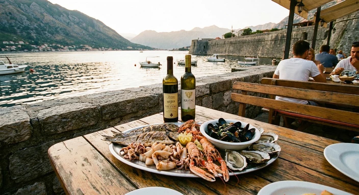 Fresh Adriatic seafood and local Montenegrin wine served at a waterfront restaurant in Kotor