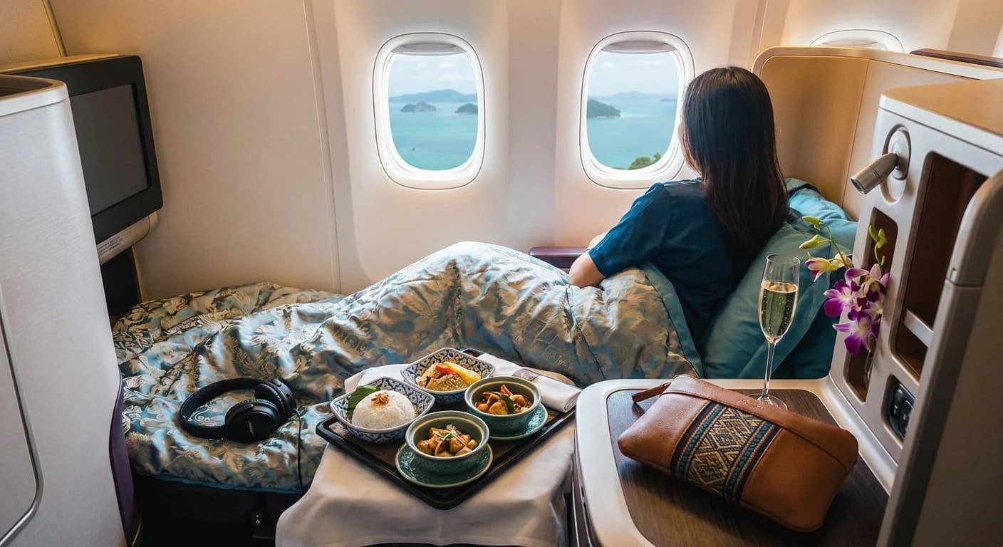 Business class lie-flat suite with premium amenities on flight to Thailand