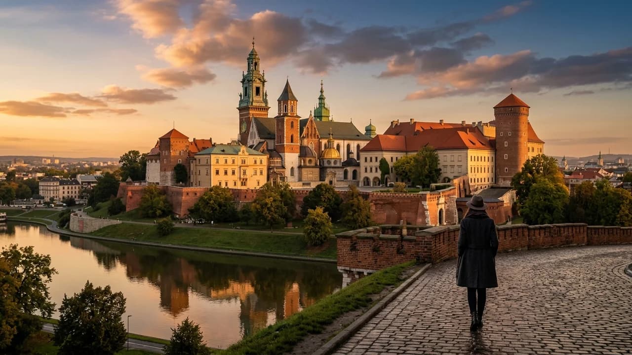 Iconic landmark in Krakow, Poland at golden hour