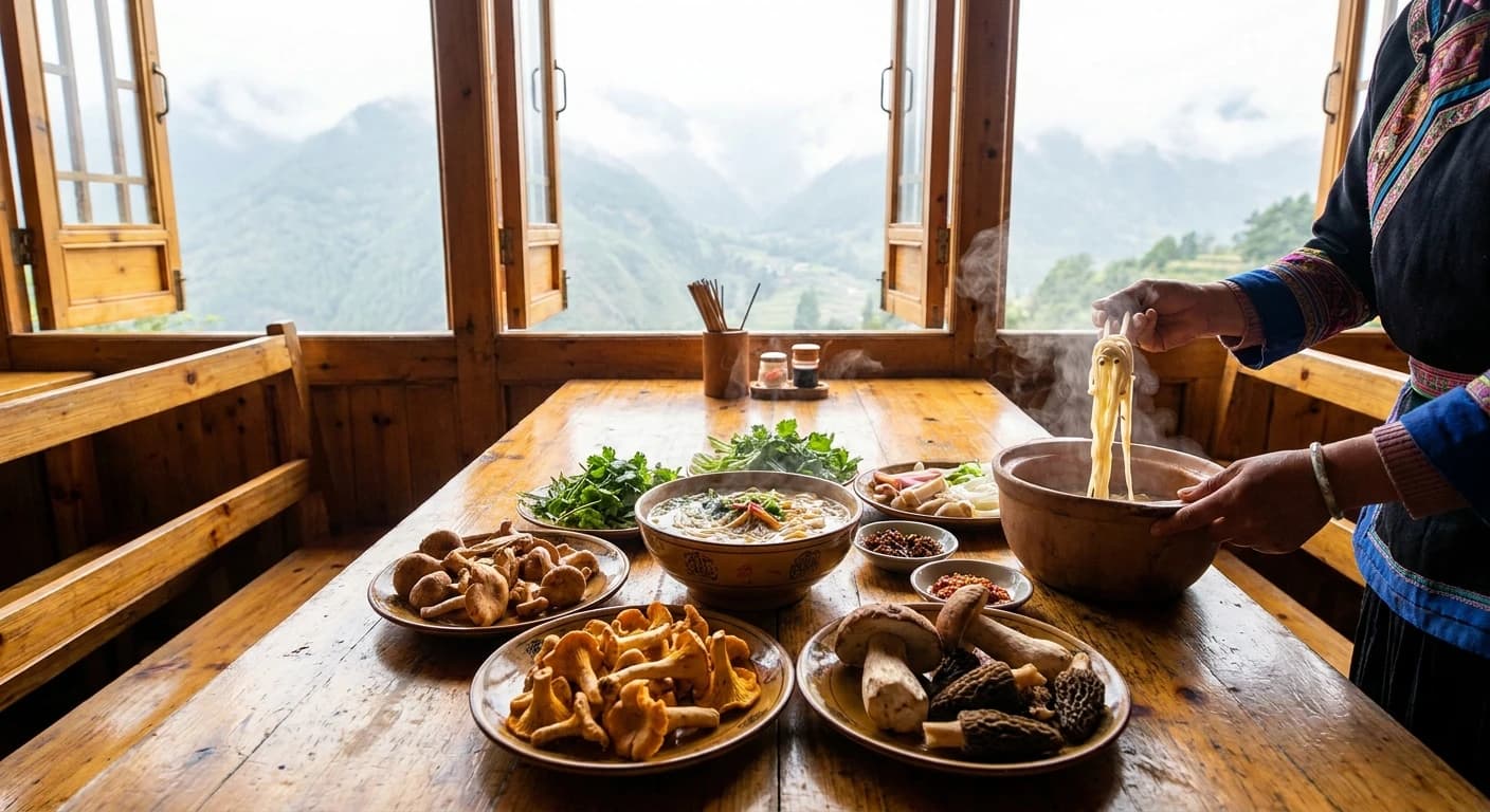 Yunnan crossing-the-bridge noodles and wild mushroom dishes