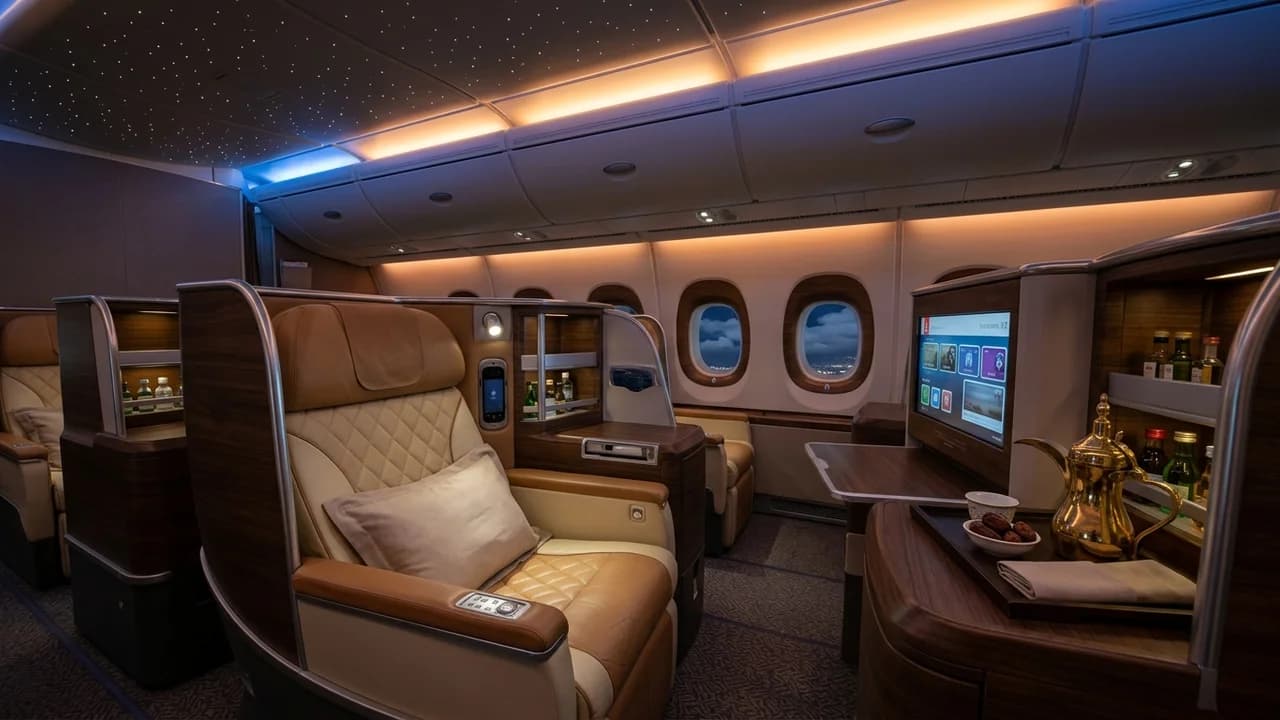 Emirates business class cabin with lie-flat suite and premium amenities