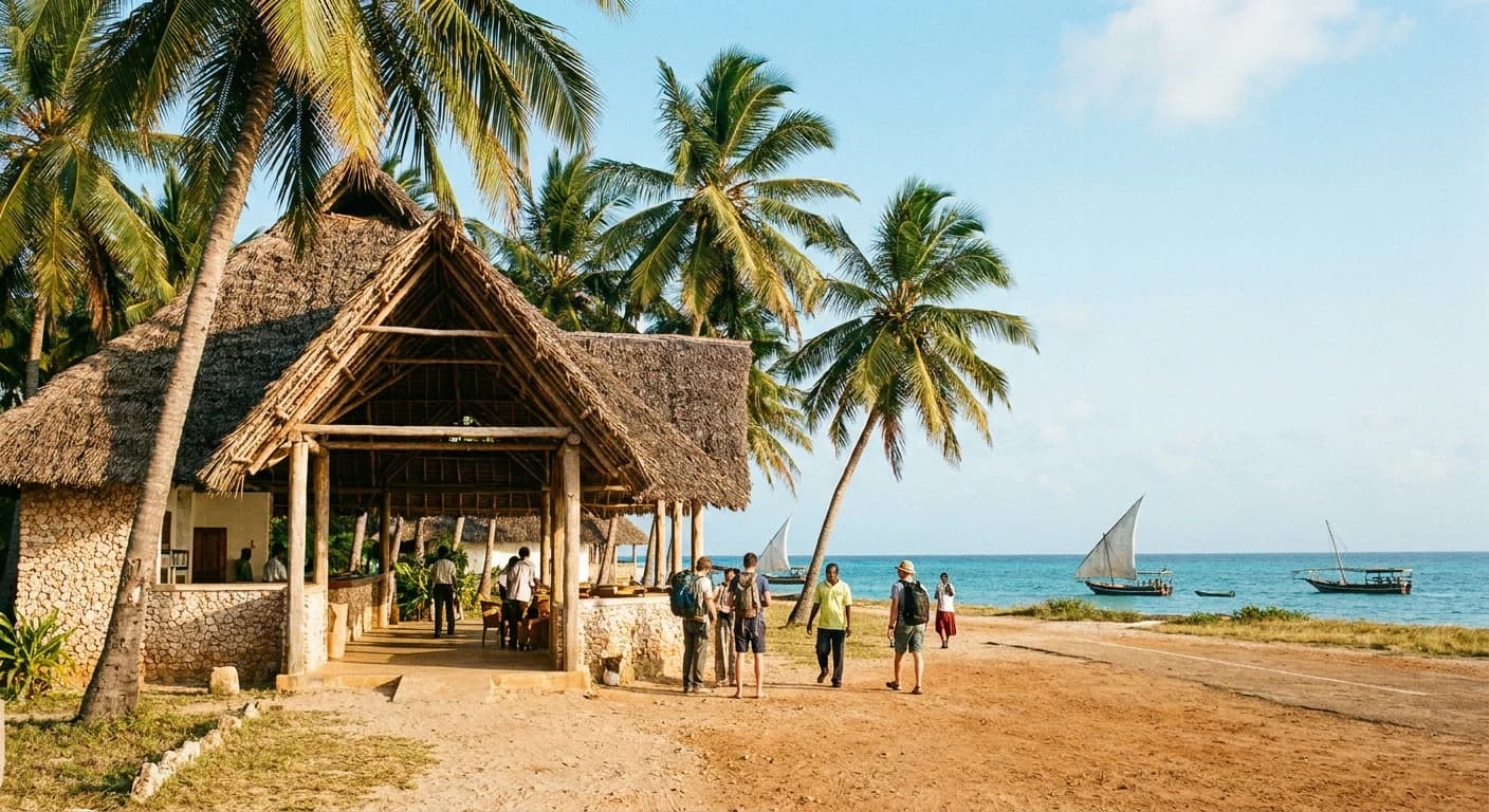 Small coastal airport terminal with palm trees and Indian Ocean backdrop in Lamu, Kenya