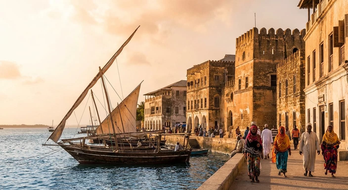 Lamu Fort and UNESCO World Heritage Swahili old town waterfront at golden hour