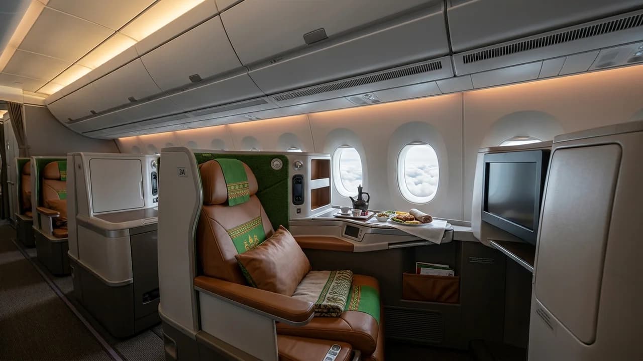 Ethiopian Airlines business class cabin with lie-flat suite and premium amenities