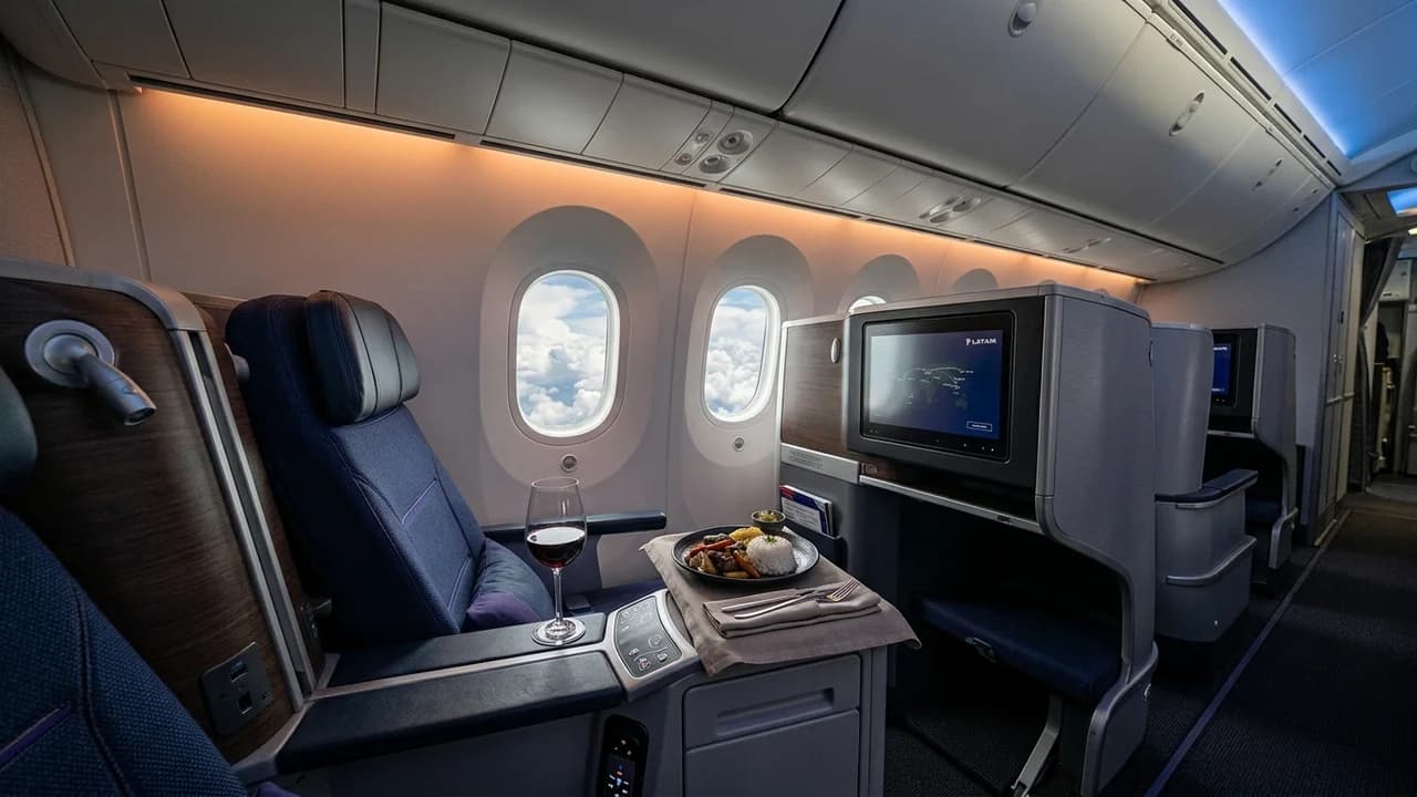 LATAM business class cabin with lie-flat suite and premium amenities
