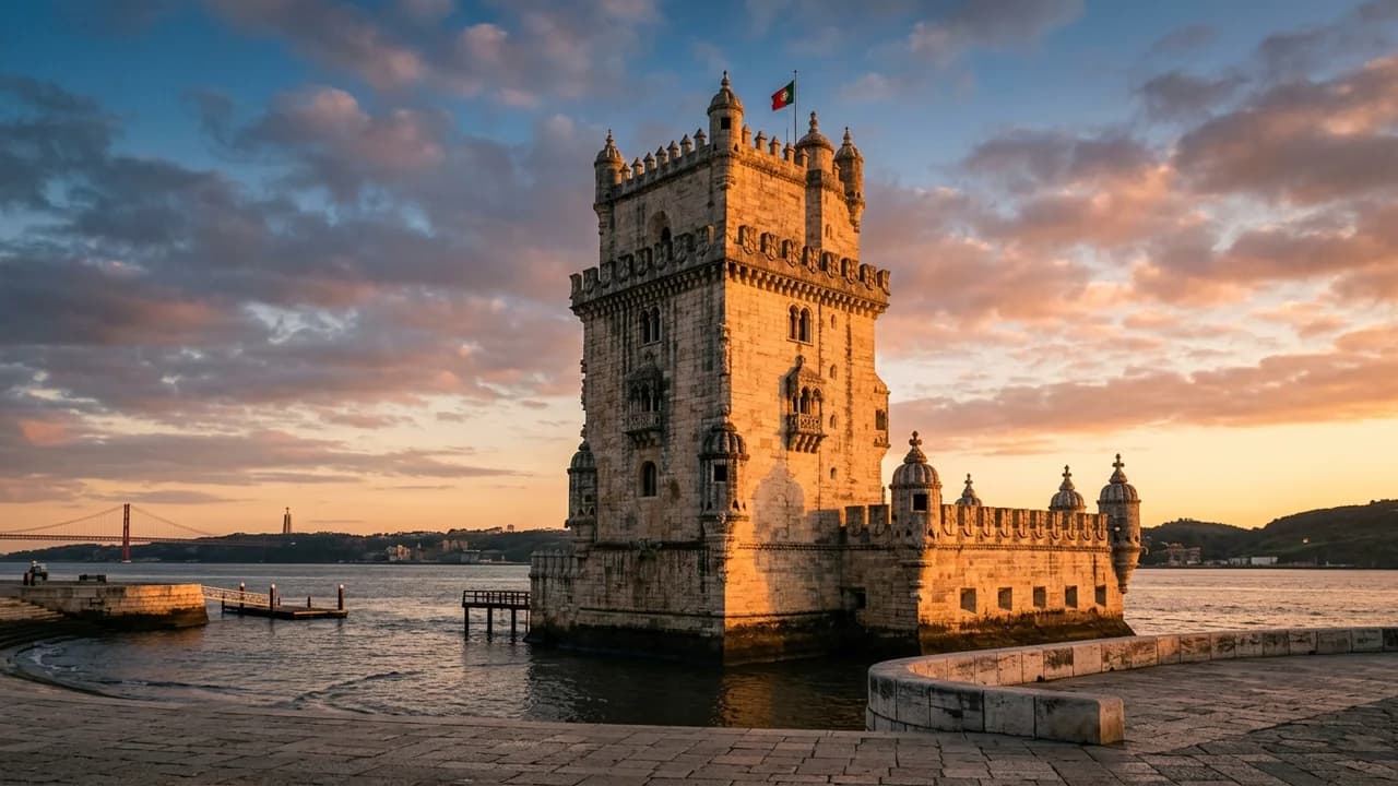 Iconic landmark in Lisbon, Portugal at golden hour