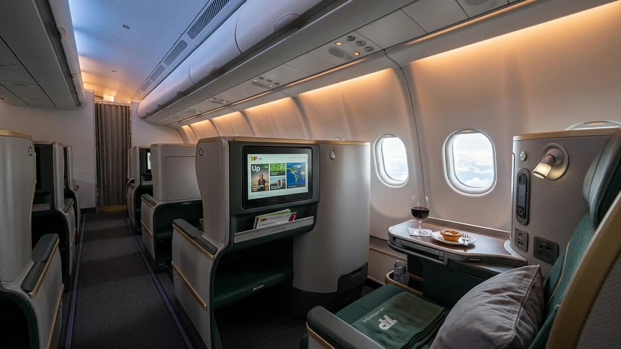 TAP Portugal business class cabin with lie-flat suite and premium amenities