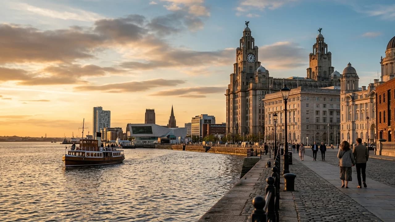 Iconic landmark in Liverpool, the United Kingdom at golden hour