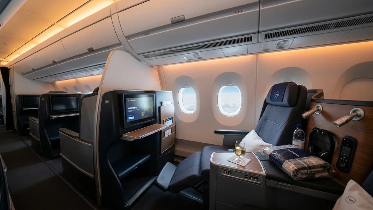 Lufthansa business class cabin with lie-flat suite and premium amenities