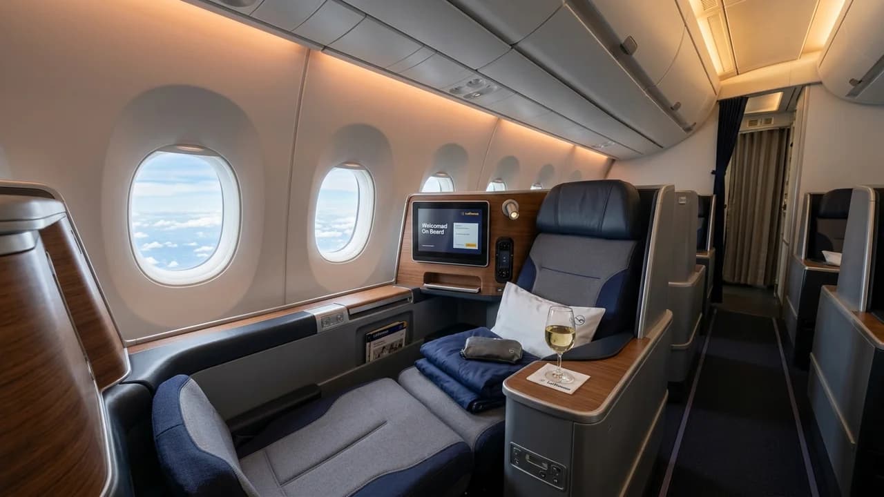 Lufthansa business class cabin with lie-flat suite and premium amenities