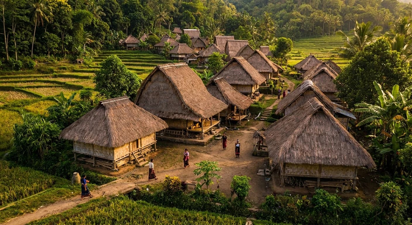 Traditional Sasak village architecture surrounded by Lombok's lush landscape