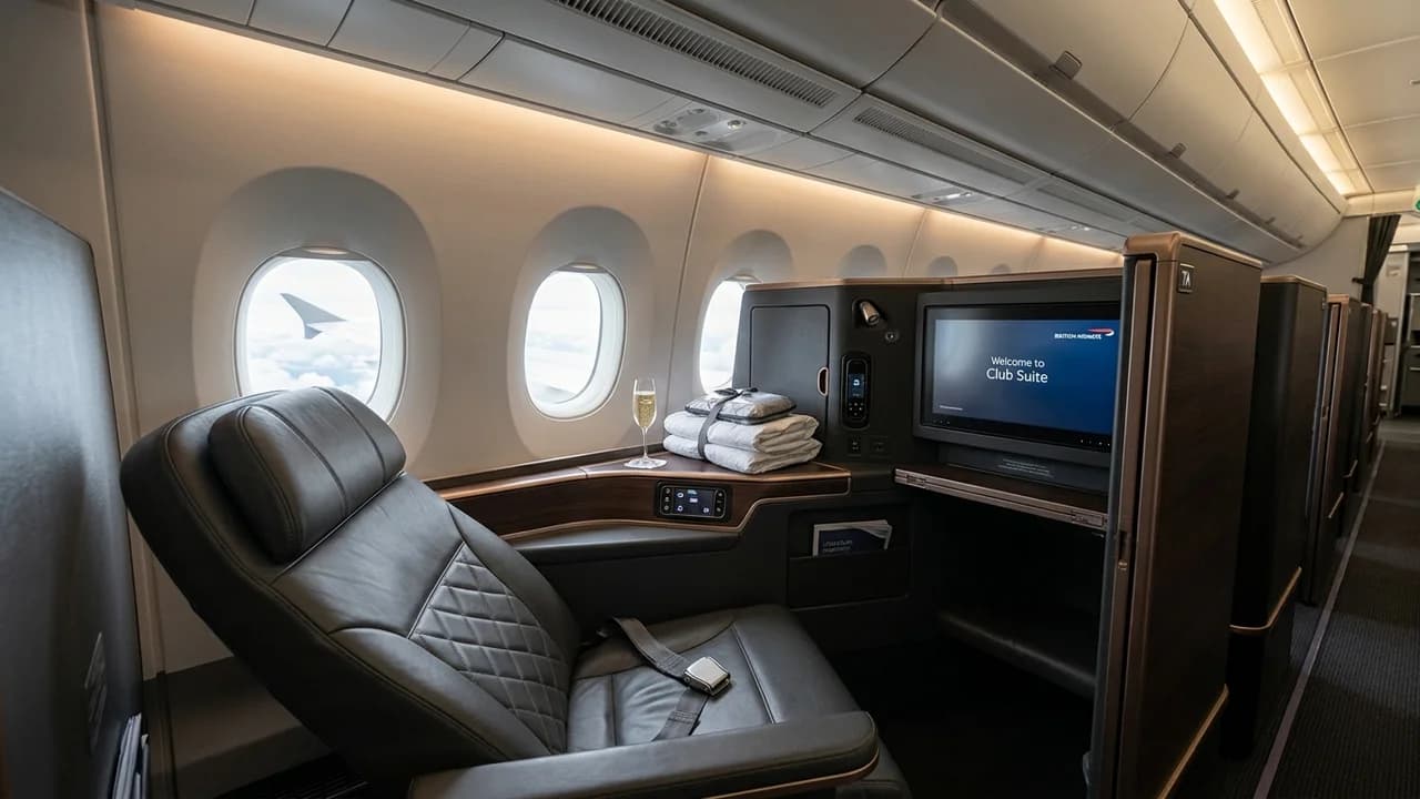 British Airways business class cabin with lie-flat suite and premium amenities