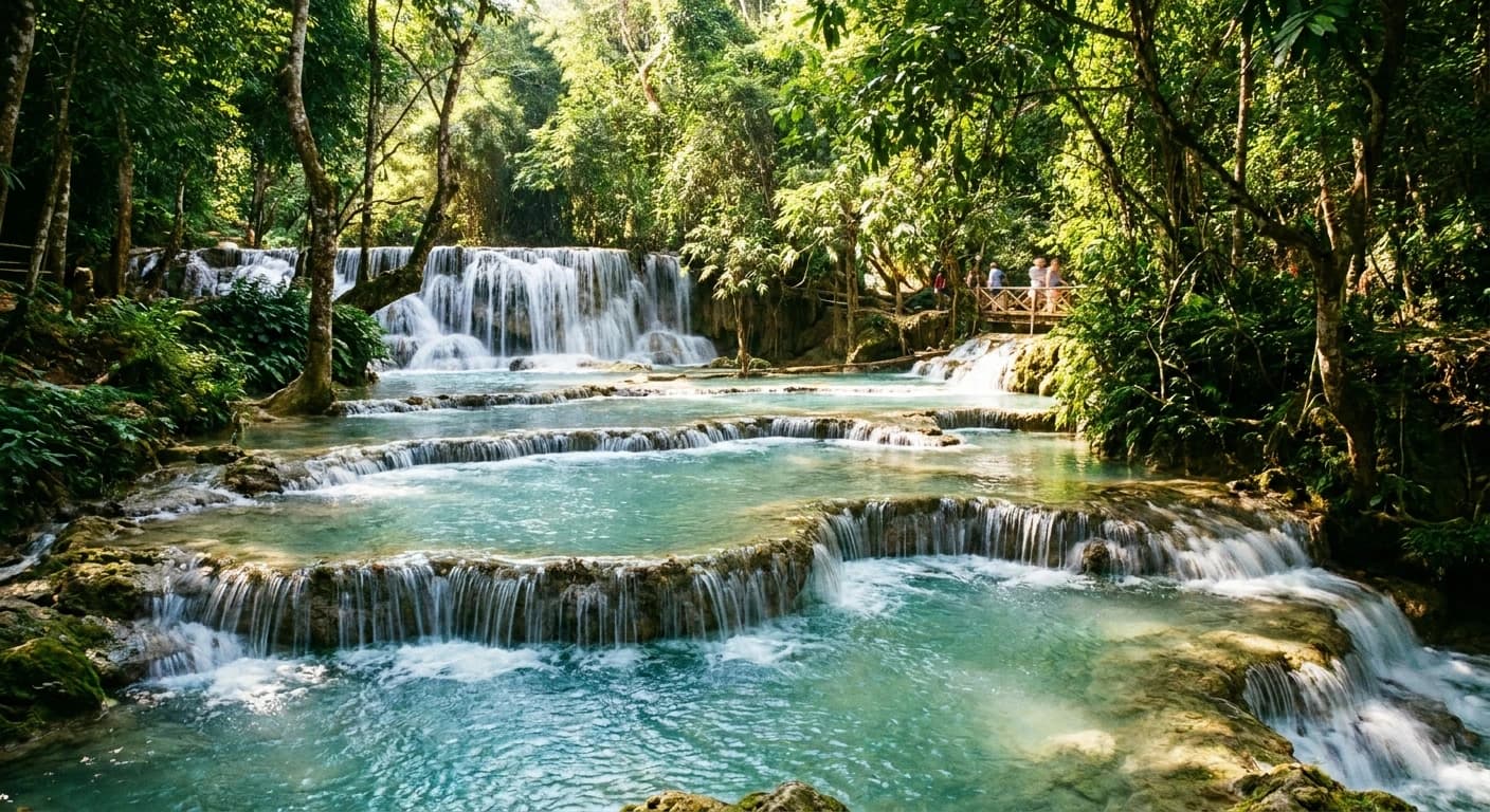 Turquoise pools of Kuang Si Falls surrounded by tropical forest