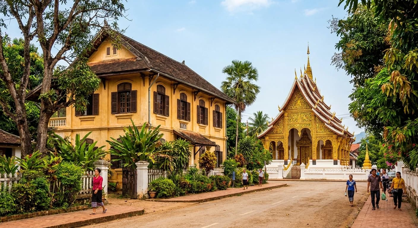 Historic French colonial villa and golden temple in Luang Prabang