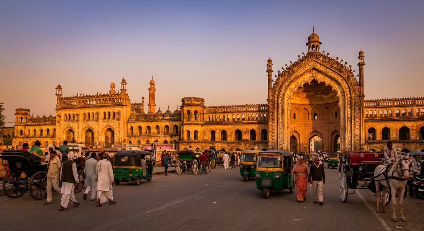 The Bara Imambara and Rumi Darwaza in Lucknow at golden hour