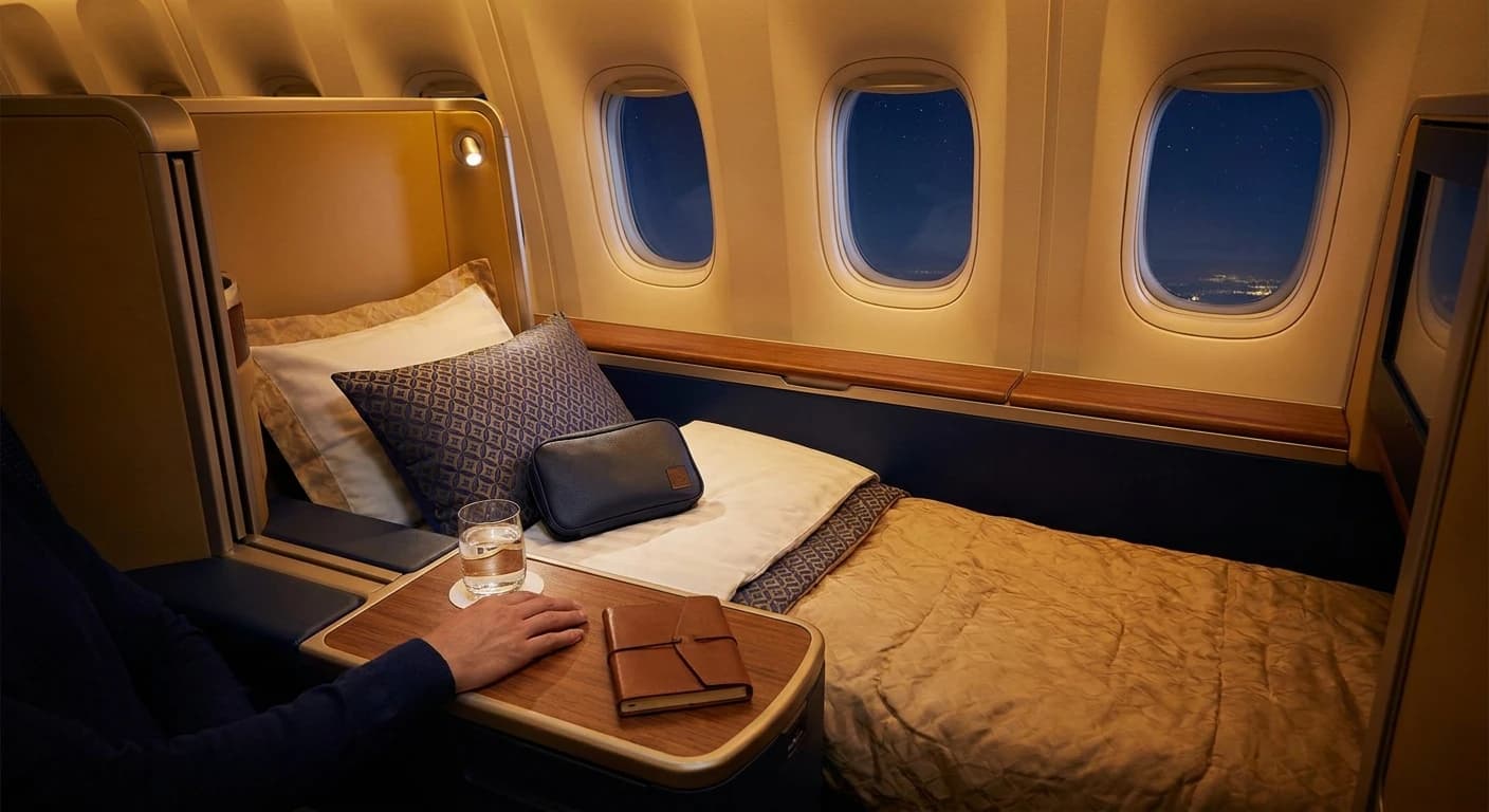 Gulf carrier business class suite with lie-flat bed for overnight India flight