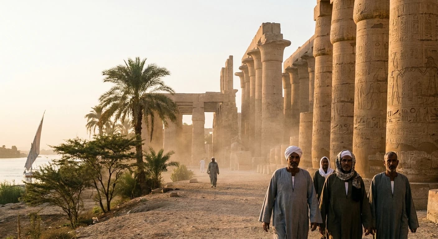Valley of the Kings and Karnak Temple at golden hour in Luxor, Egypt