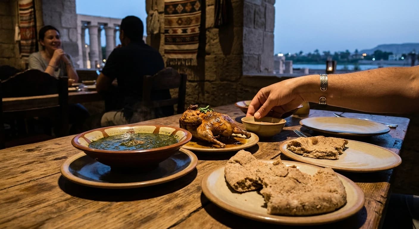 Elegant dining with Nile views and traditional Egyptian cuisine in Luxor