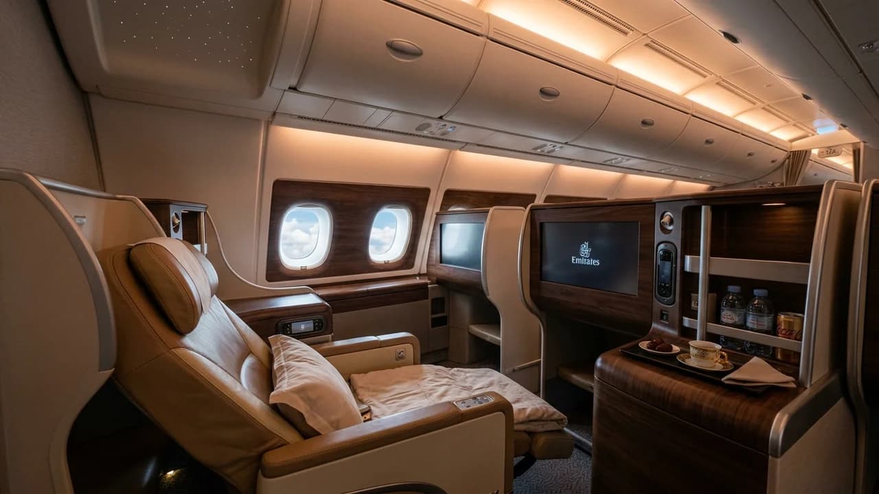 Emirates business class cabin with lie-flat suite and premium amenities
