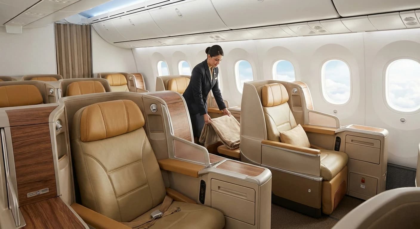 Gulf Air Falcon Gold business class cabin on Boeing 787