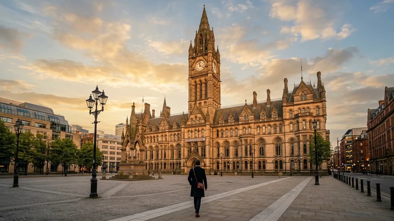 Iconic landmark in Manchester, the United Kingdom at golden hour