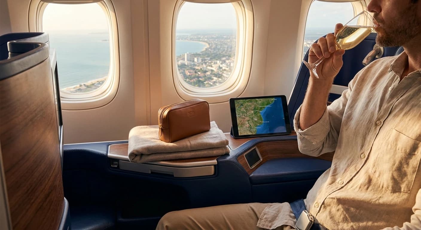 Business class cabin with premium amenities on a flight to Maputo