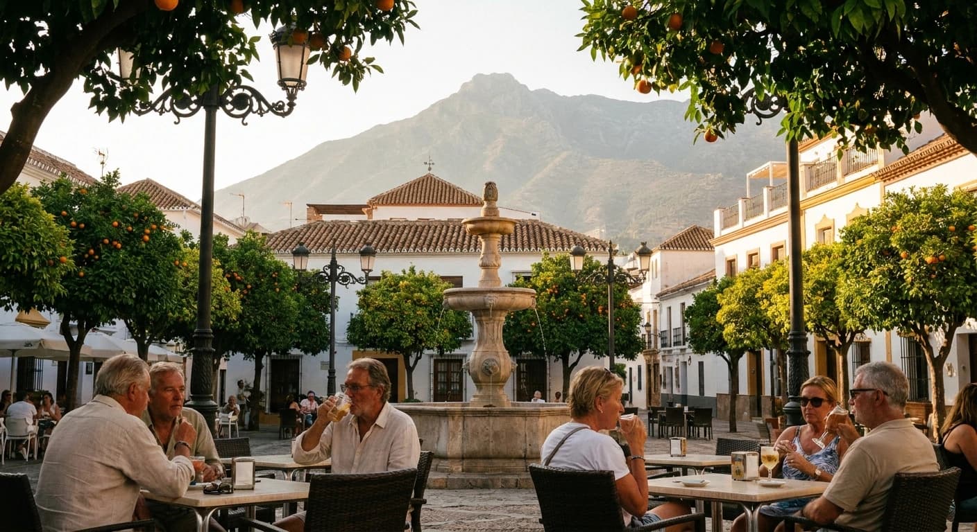 Puerto Banús marina at golden hour with superyachts and Andalusian architecture