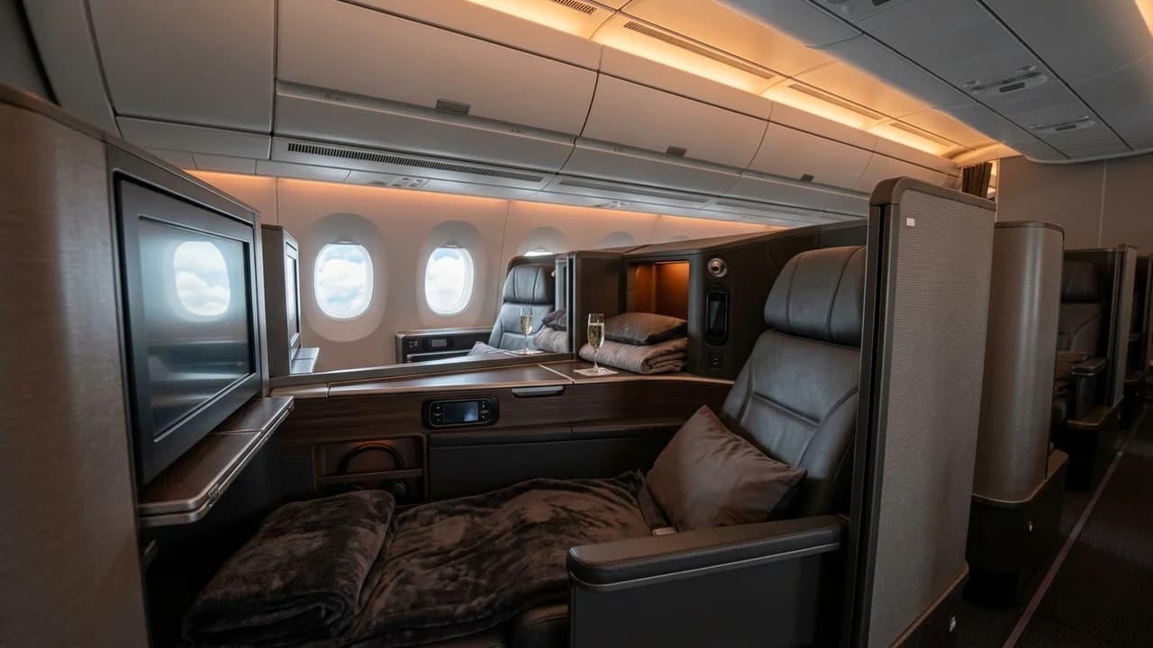 Royal Air Maroc business class cabin with lie-flat suite and premium amenities