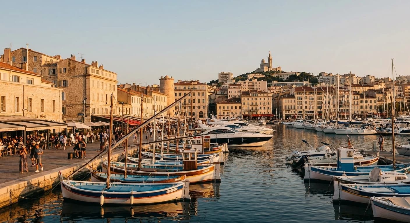 Iconic view of Marseille's Vieux-Port at golden hour