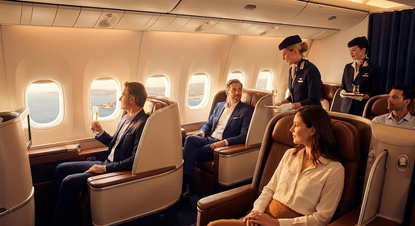 Premium business class cabin on flight to Marseille