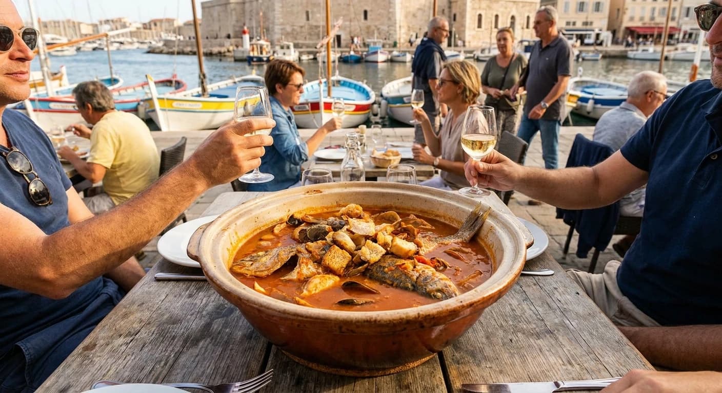 Traditional Marseille bouillabaisse served at a waterfront restaurant