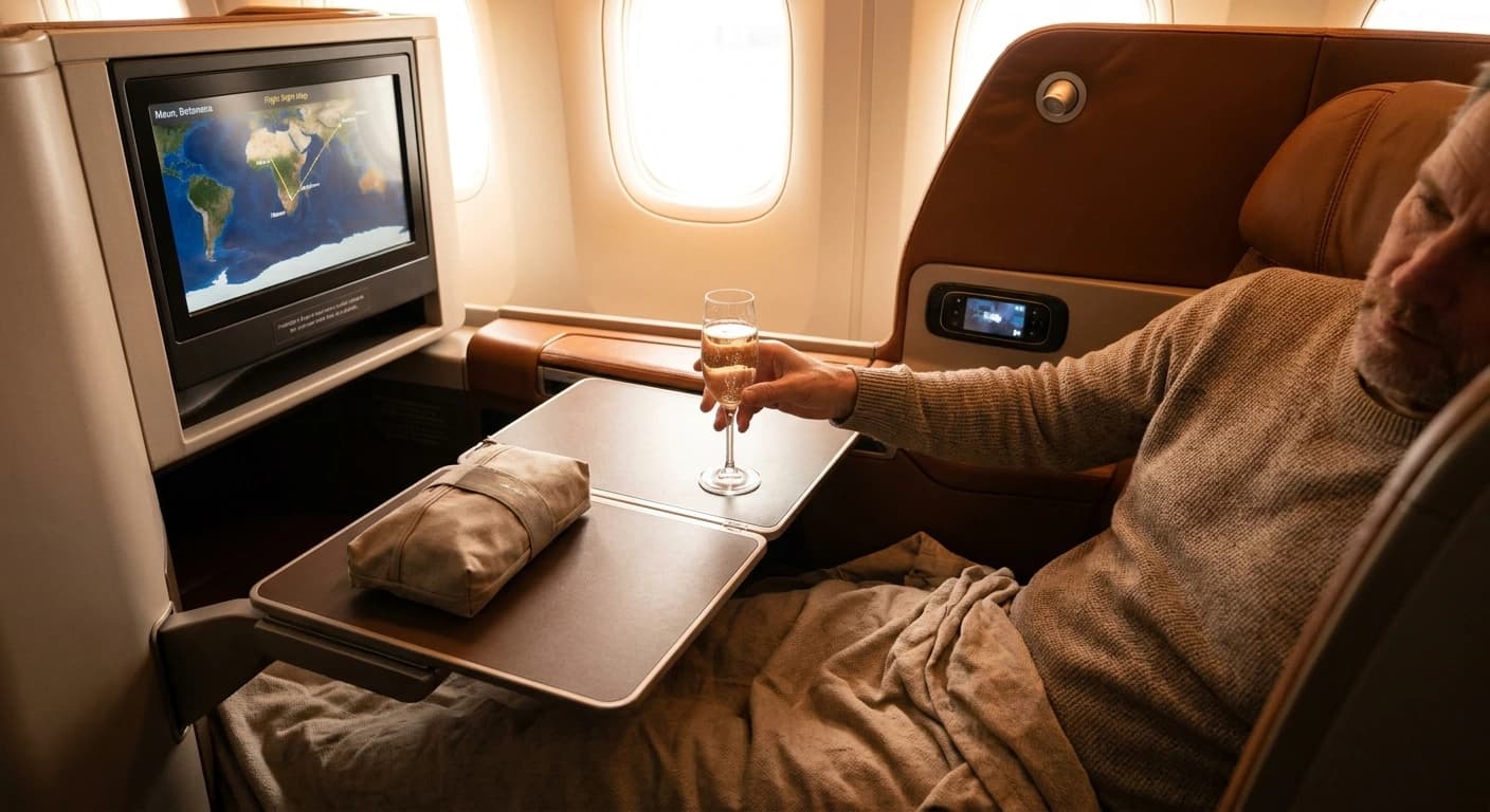 Business class lie-flat seat with premium bedding on long-haul flight to Botswana