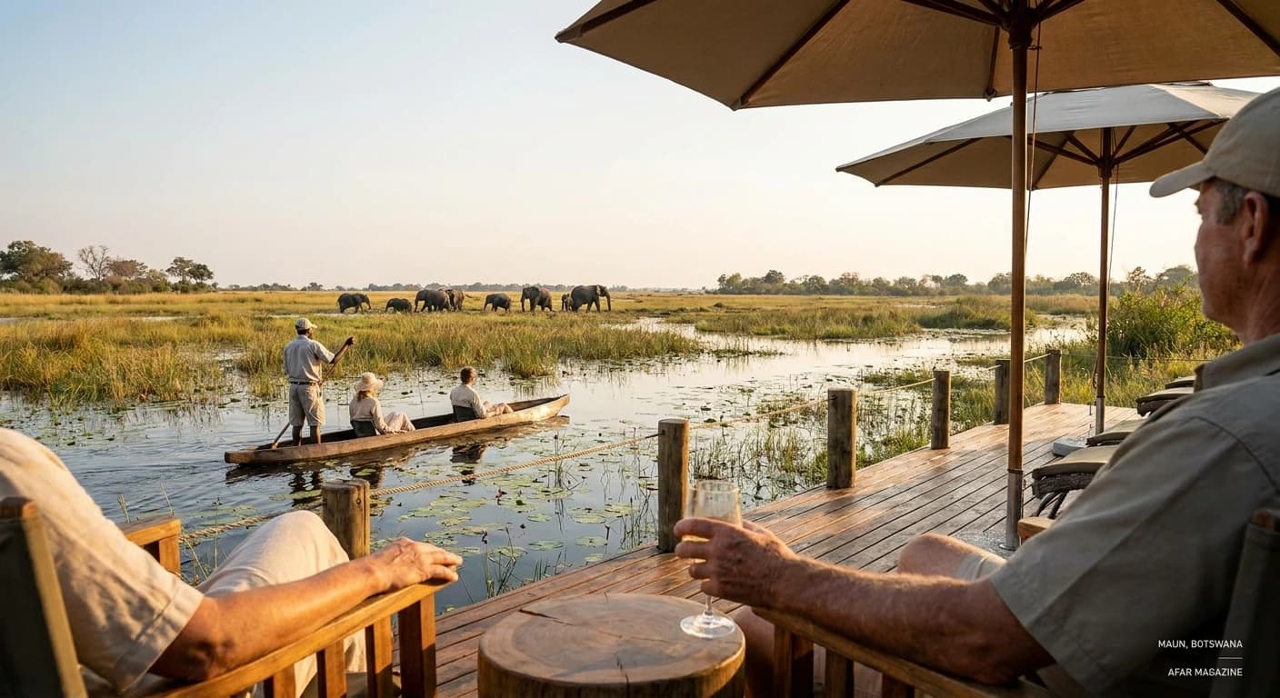 Luxury safari lodge deck overlooking Okavango Delta floodplains at sunset