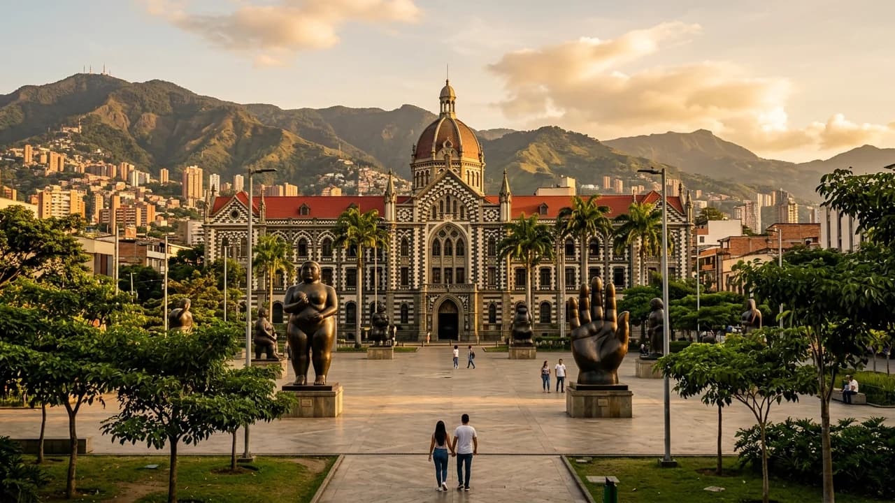Iconic landmark in Medellín, Colombia at golden hour