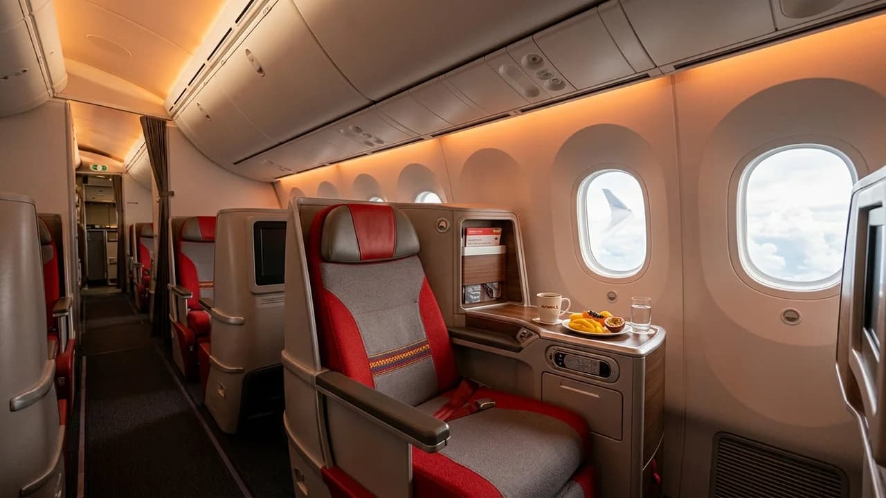 Avianca business class cabin with lie-flat suite and premium amenities