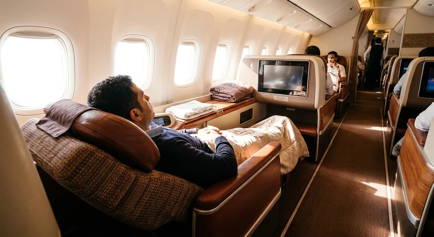 Saudia business class cabin with lie-flat seats