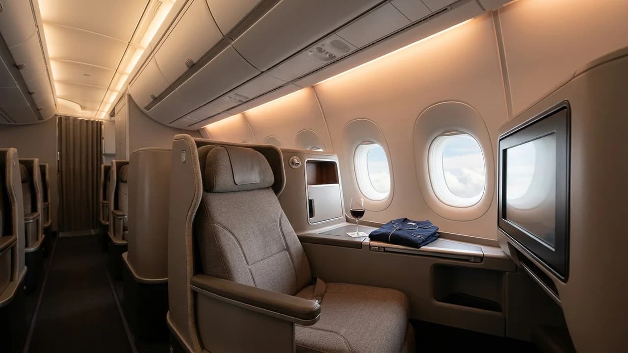 Qantas business class cabin with lie-flat suite and premium amenities