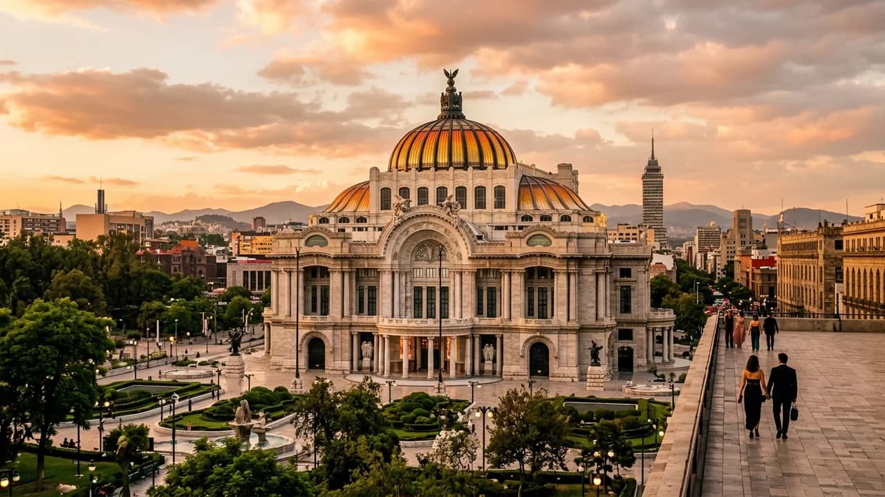 Iconic landmark in Mexico City, Mexico at golden hour