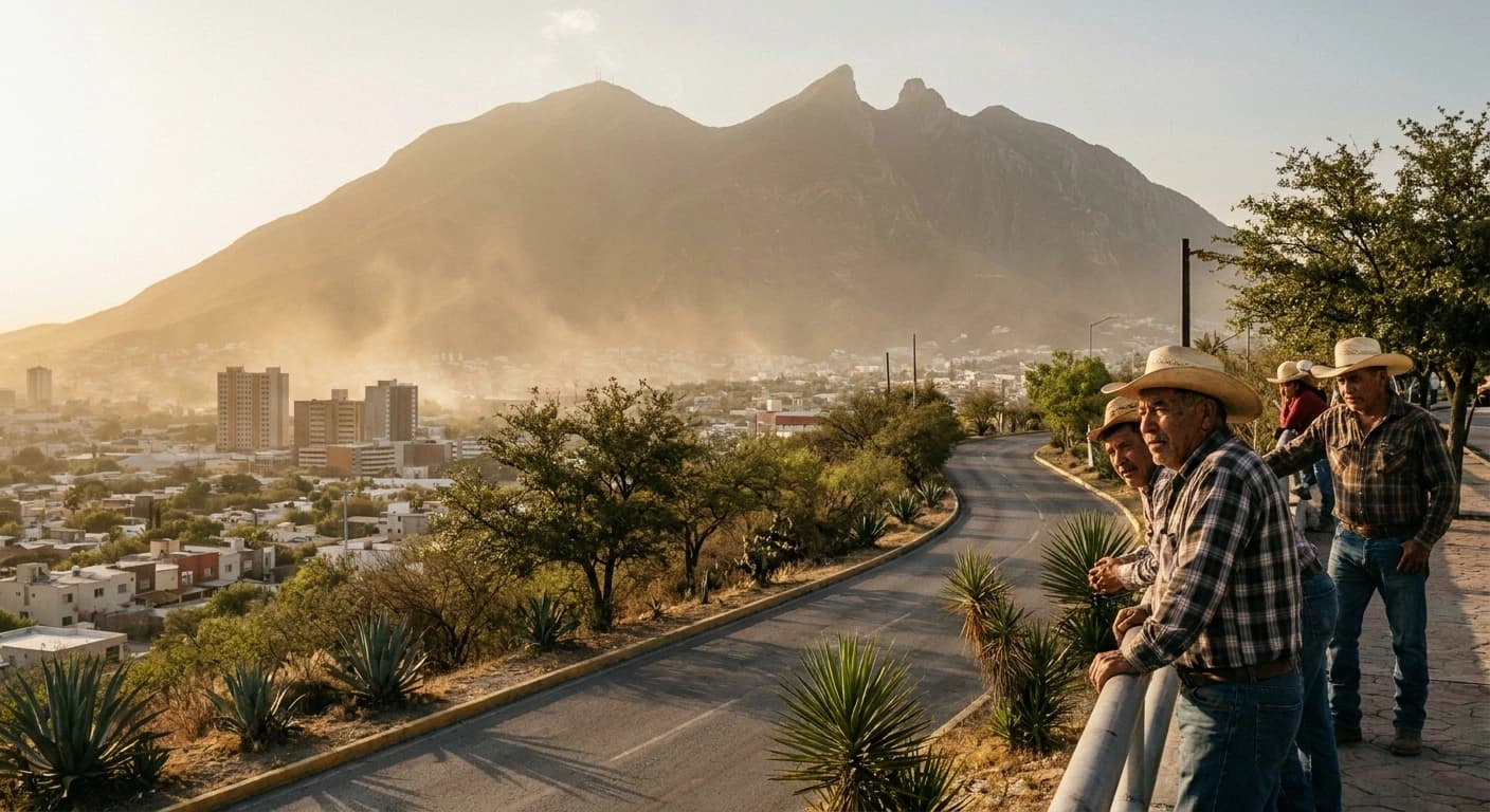 Iconic Cerro de la Silla mountain overlooking the city of Monterrey at golden hour