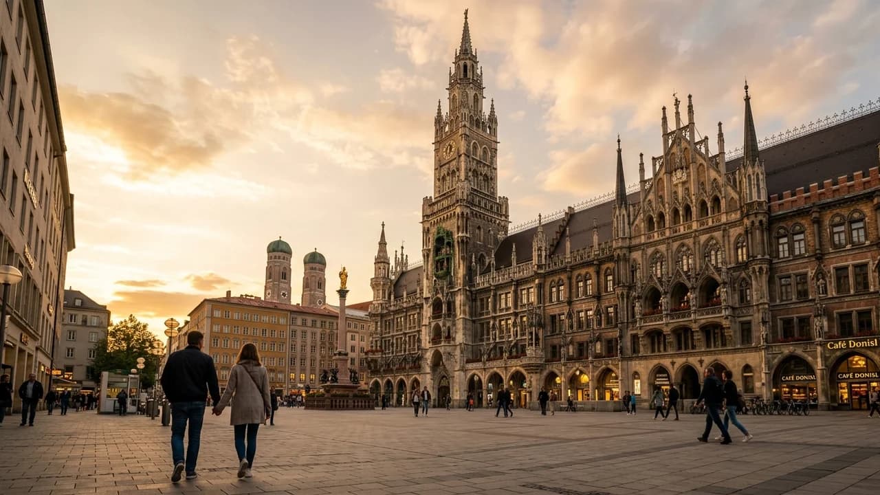 Iconic landmark in Munich, Germany at golden hour