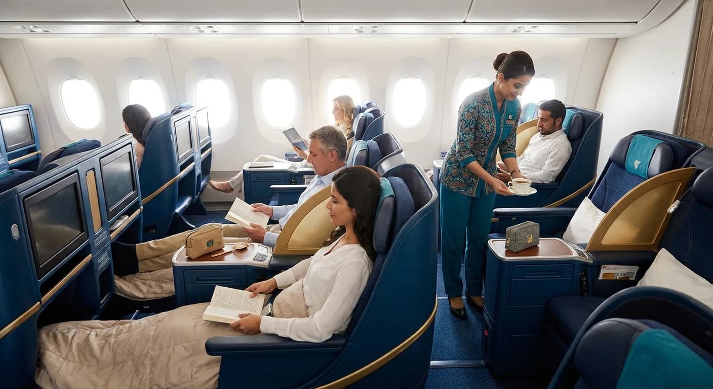 Oman Air business class cabin with lie-flat seats and premium amenities